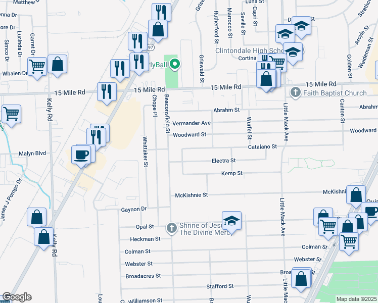 map of restaurants, bars, coffee shops, grocery stores, and more near 19766 Catalano Street in Macomb County