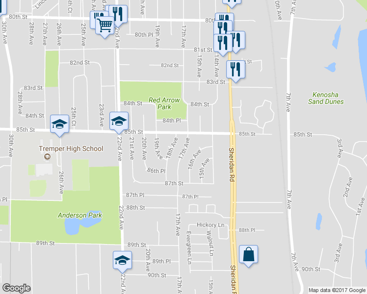map of restaurants, bars, coffee shops, grocery stores, and more near 8528 17th Avenue in Kenosha