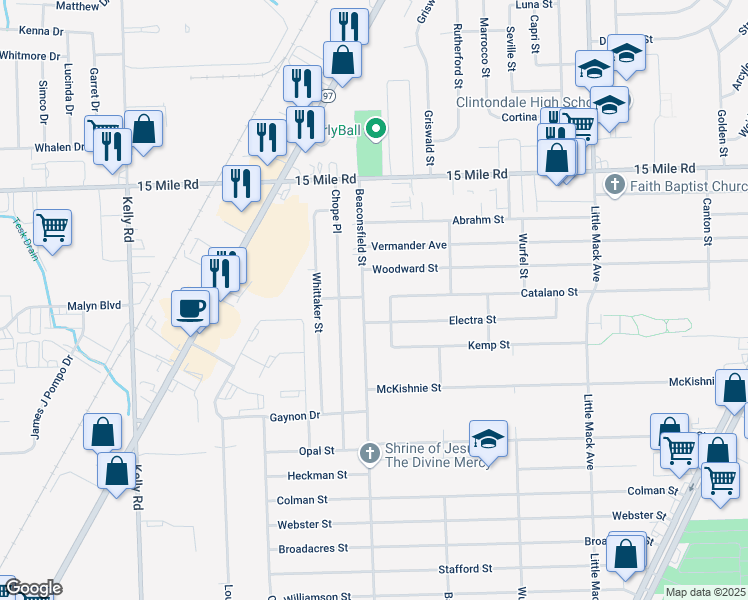 map of restaurants, bars, coffee shops, grocery stores, and more near 34468 Beaconsfield Street in Charter Township of Clinton