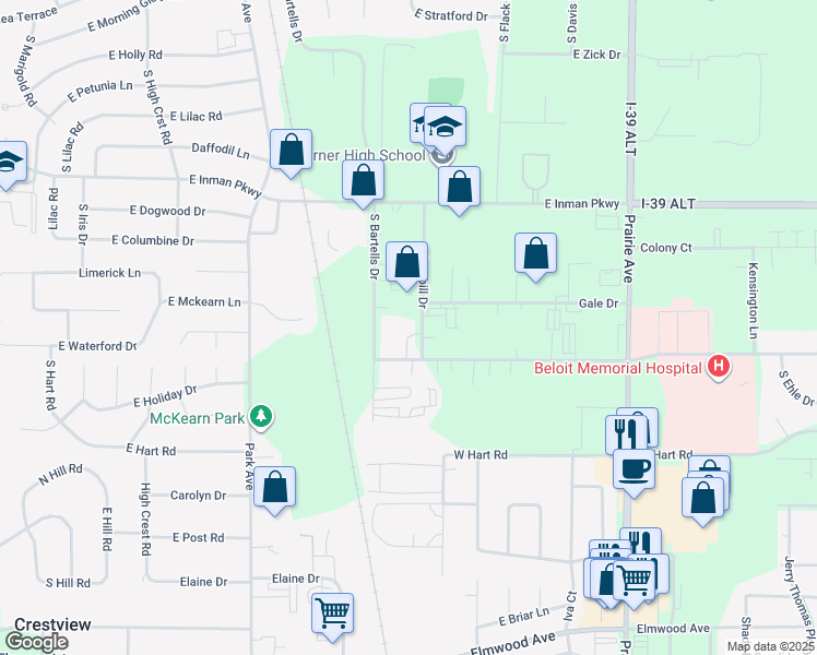 map of restaurants, bars, coffee shops, grocery stores, and more near 2820 Graybill Drive in Beloit
