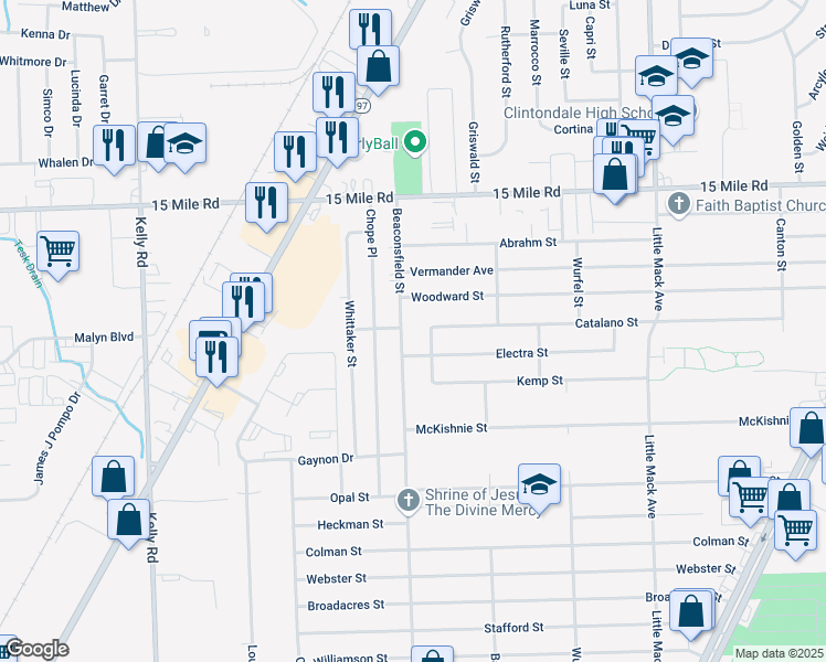 map of restaurants, bars, coffee shops, grocery stores, and more near 34468 Beaconsfield Street in Clinton Township