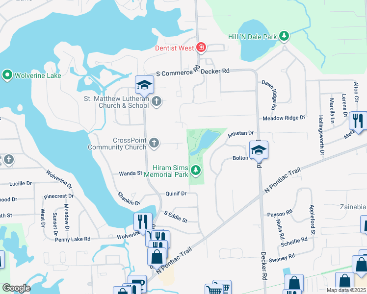 map of restaurants, bars, coffee shops, grocery stores, and more near 1248 Wabasso Street in Walled Lake