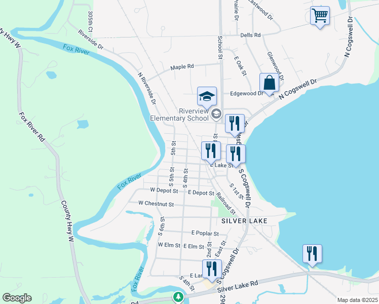 map of restaurants, bars, coffee shops, grocery stores, and more near 103 East North Street in Silver Lake