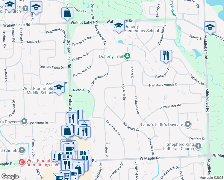 map of restaurants, bars, coffee shops, grocery stores, and more near 5916 Saint James Drive in West Bloomfield Township