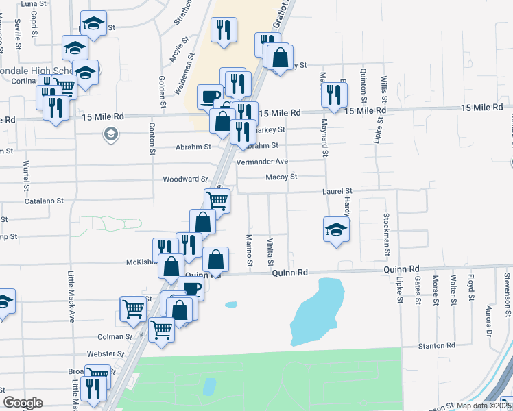 map of restaurants, bars, coffee shops, grocery stores, and more near 34400 Marino Street in Charter Township of Clinton