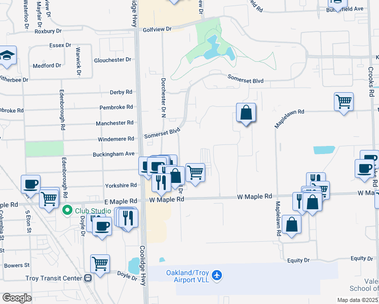 map of restaurants, bars, coffee shops, grocery stores, and more near 1968 Axtell Drive in Troy