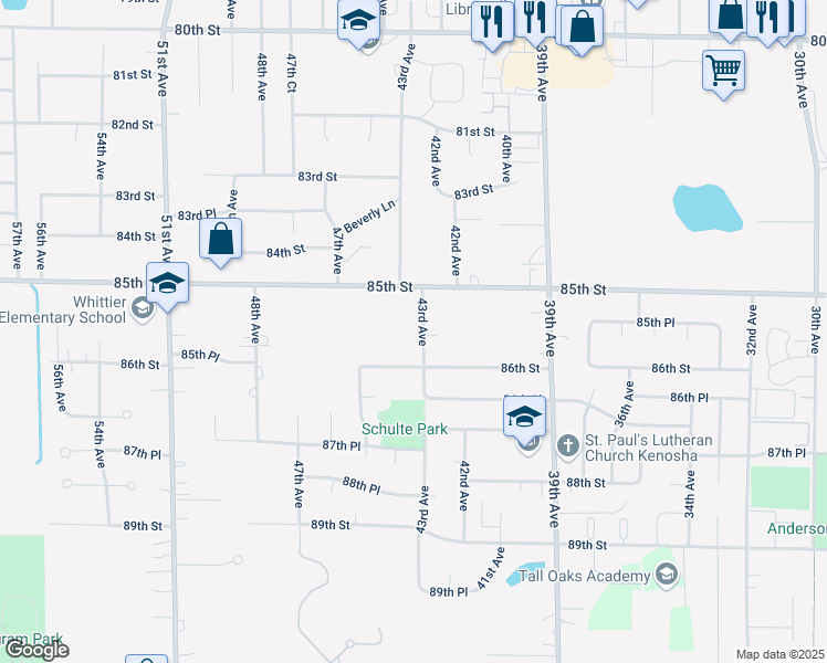 map of restaurants, bars, coffee shops, grocery stores, and more near 8533 43rd Avenue in Kenosha