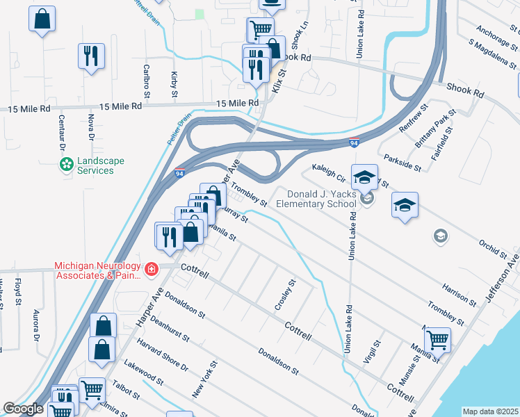 map of restaurants, bars, coffee shops, grocery stores, and more near 23950 Trombley Street in Clinton Township