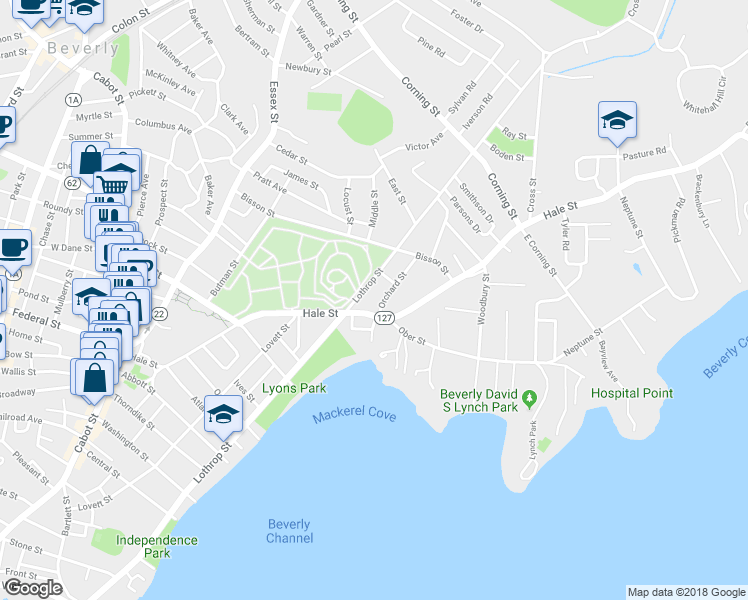 map of restaurants, bars, coffee shops, grocery stores, and more near 4 Orchard Street in Beverly