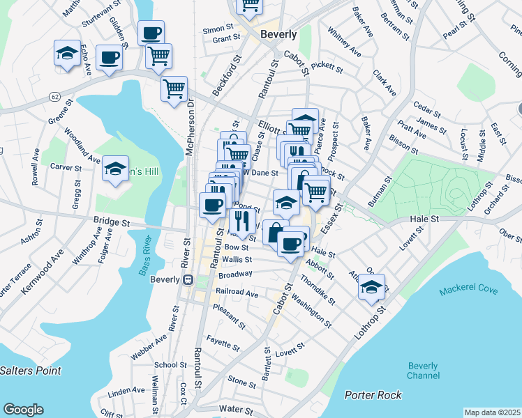 map of restaurants, bars, coffee shops, grocery stores, and more near 10 Mulberry Street in Beverly