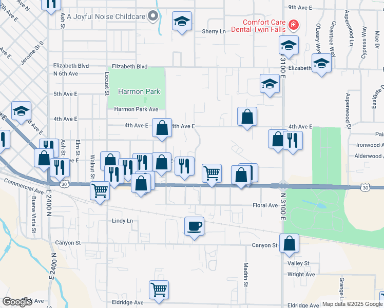 map of restaurants, bars, coffee shops, grocery stores, and more near 227 Morningside Drive in Twin Falls