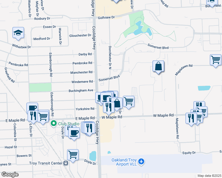 map of restaurants, bars, coffee shops, grocery stores, and more near 1918 Dorchester Drive North in Troy