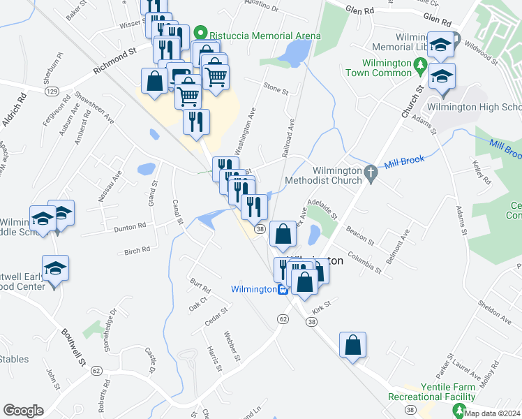 map of restaurants, bars, coffee shops, grocery stores, and more near 328 Main Street in Wilmington