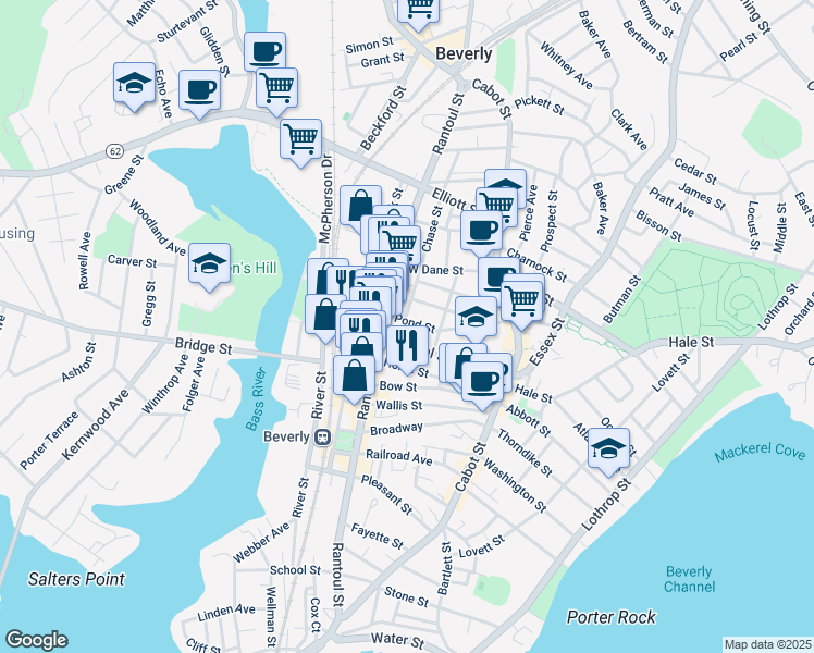 map of restaurants, bars, coffee shops, grocery stores, and more near 46 Pond Street in Beverly