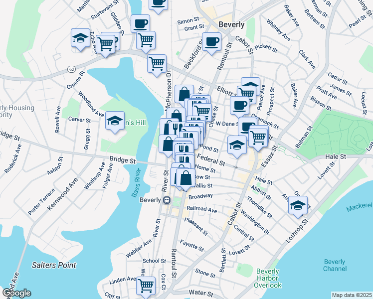 map of restaurants, bars, coffee shops, grocery stores, and more near 51 Federal Street in Beverly