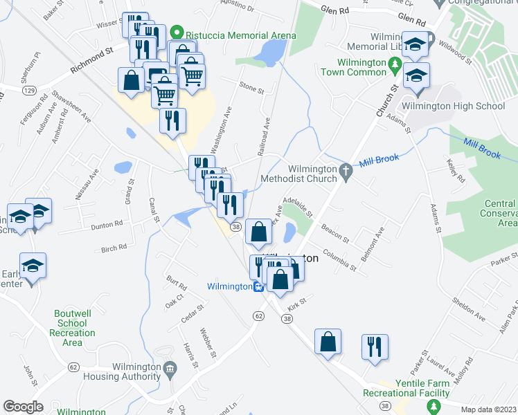 map of restaurants, bars, coffee shops, grocery stores, and more near 328 Main Street in Wilmington