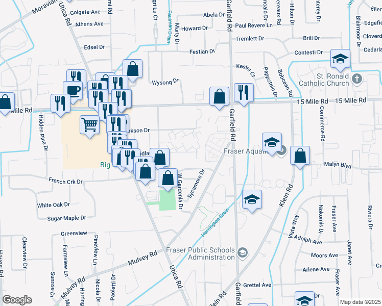 map of restaurants, bars, coffee shops, grocery stores, and more near 16505 Woodlane in Fraser