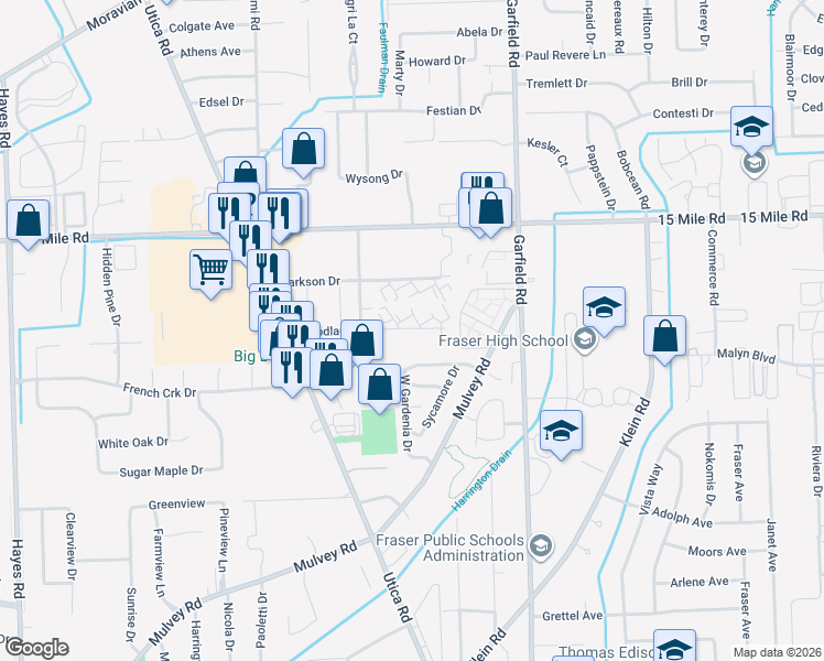 map of restaurants, bars, coffee shops, grocery stores, and more near 16505 Woodlane in Fraser