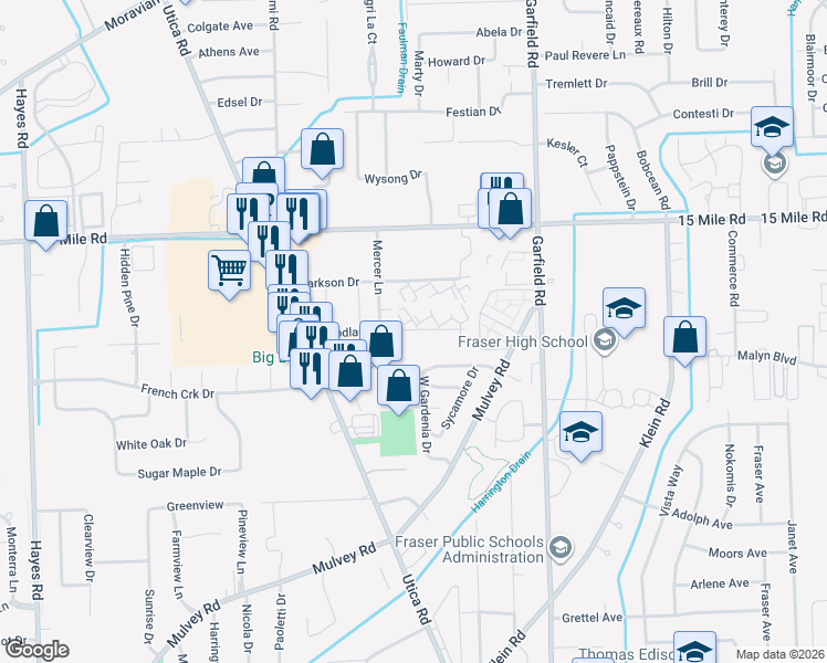 map of restaurants, bars, coffee shops, grocery stores, and more near 16505 Woodlane in Fraser
