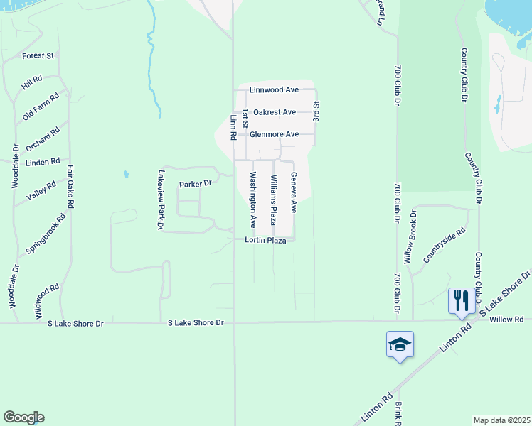 map of restaurants, bars, coffee shops, grocery stores, and more near N1639 Williams Plaza in Lake Geneva