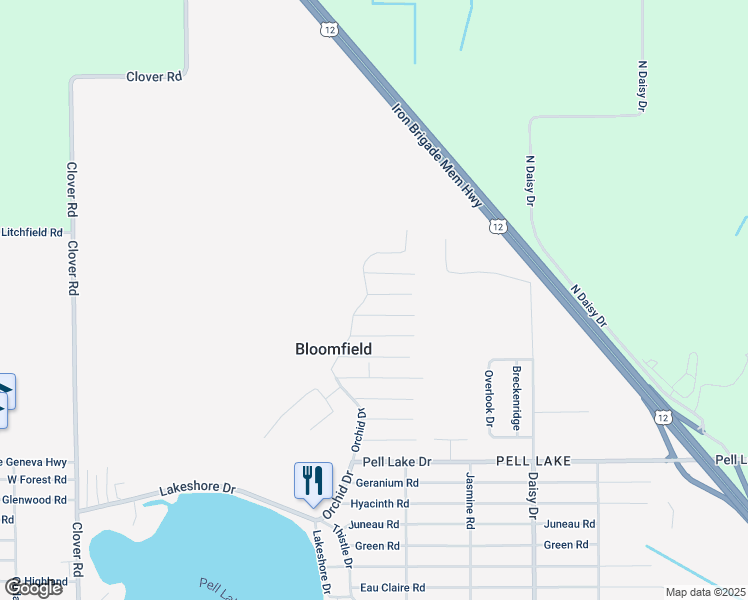 map of restaurants, bars, coffee shops, grocery stores, and more near W1039 Marigold Road in Genoa City