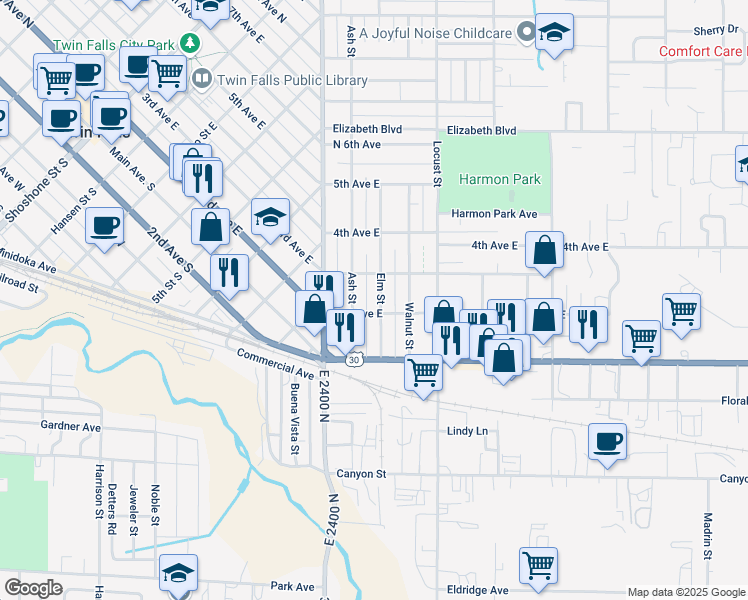 map of restaurants, bars, coffee shops, grocery stores, and more near 222 Elm Street in Twin Falls