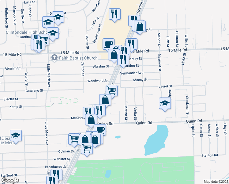 map of restaurants, bars, coffee shops, grocery stores, and more near 34410 South Gratiot Avenue in Clinton Township