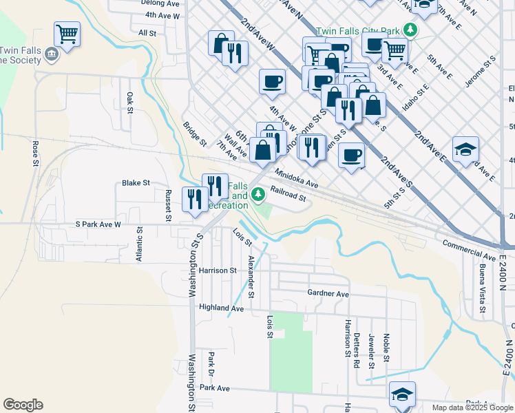 map of restaurants, bars, coffee shops, grocery stores, and more near 136 Maxwell Avenue in Twin Falls