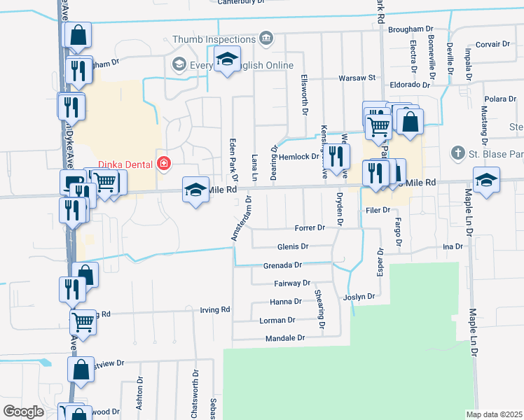 map of restaurants, bars, coffee shops, grocery stores, and more near 34840 Amsterdam Drive in Sterling Heights