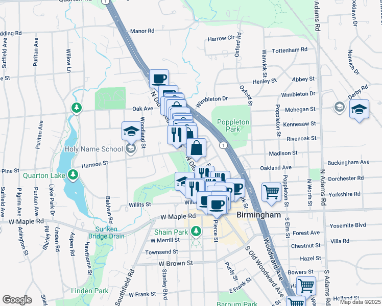 map of restaurants, bars, coffee shops, grocery stores, and more near 511 Brookside Avenue in Birmingham