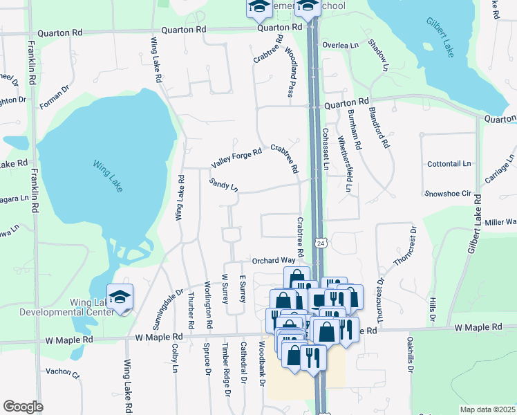 map of restaurants, bars, coffee shops, grocery stores, and more near 6136 Lantern Lane in Bloomfield Hills