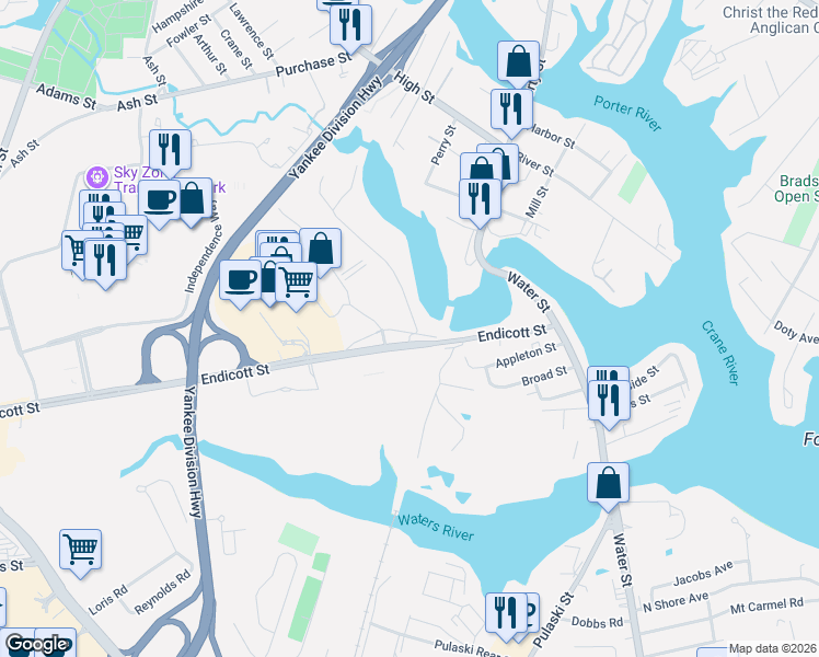 map of restaurants, bars, coffee shops, grocery stores, and more near 3 Clinton Avenue in Danvers