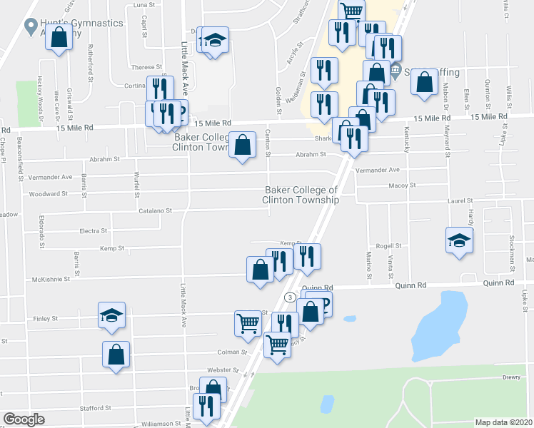 map of restaurants, bars, coffee shops, grocery stores, and more near 20998 Catalano Street in Charter Township of Clinton