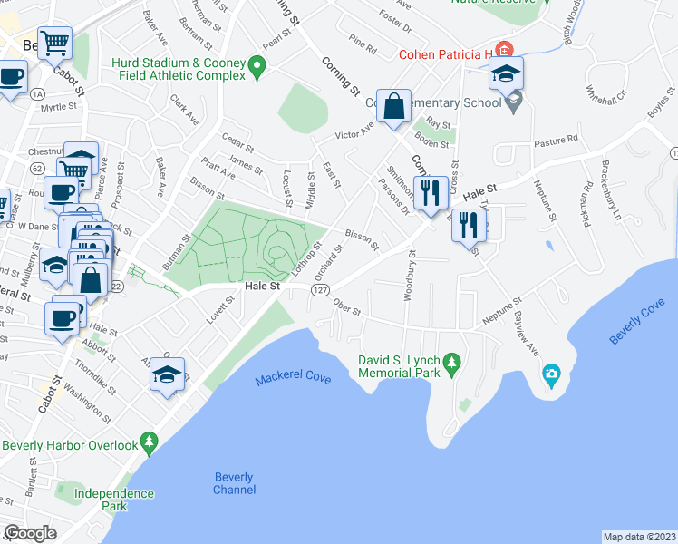 map of restaurants, bars, coffee shops, grocery stores, and more near 108 Hale Street in Beverly