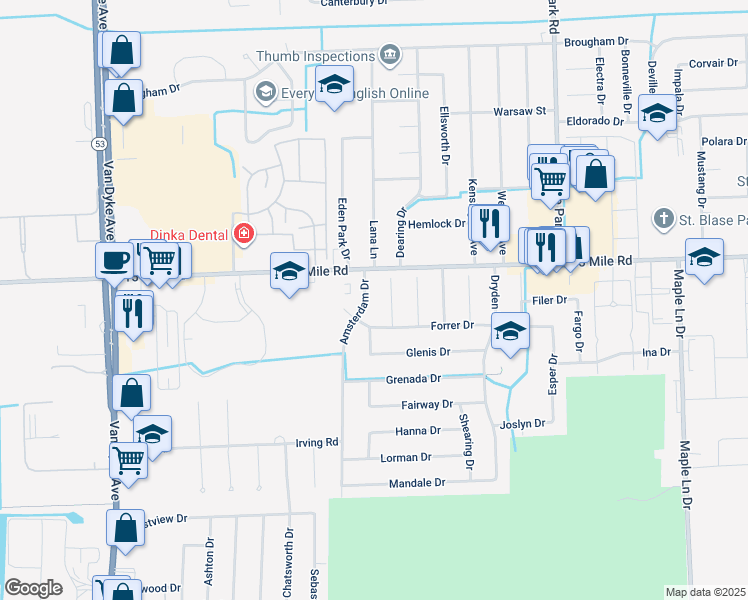 map of restaurants, bars, coffee shops, grocery stores, and more near 34840 Amsterdam Drive in Sterling Heights