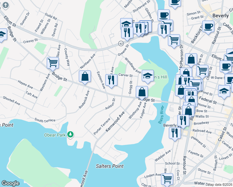 map of restaurants, bars, coffee shops, grocery stores, and more near 67 Bridge Street in Beverly