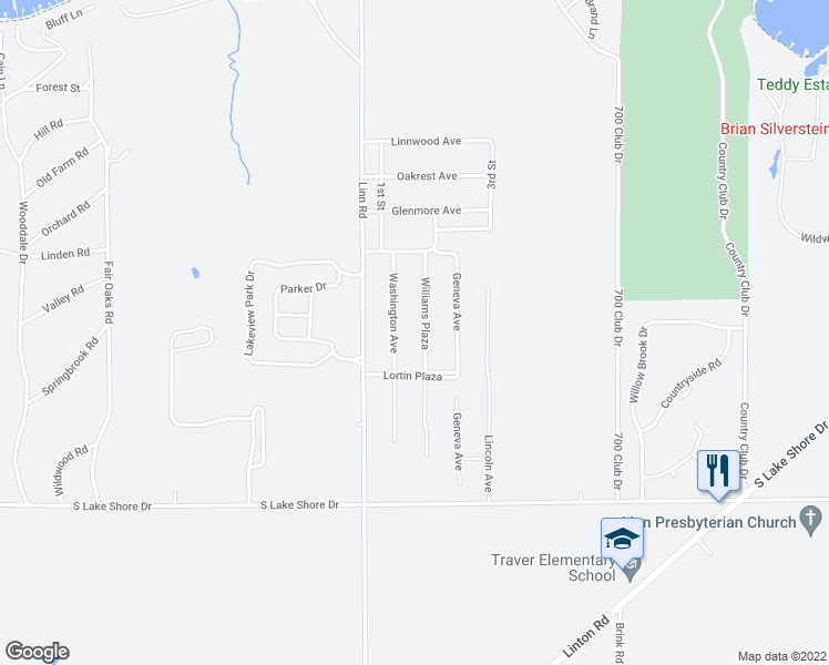 map of restaurants, bars, coffee shops, grocery stores, and more near N1639 Williams Plaza in Lake Geneva