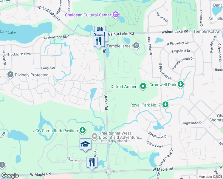 map of restaurants, bars, coffee shops, grocery stores, and more near 5875 Drake Road in West Bloomfield Township