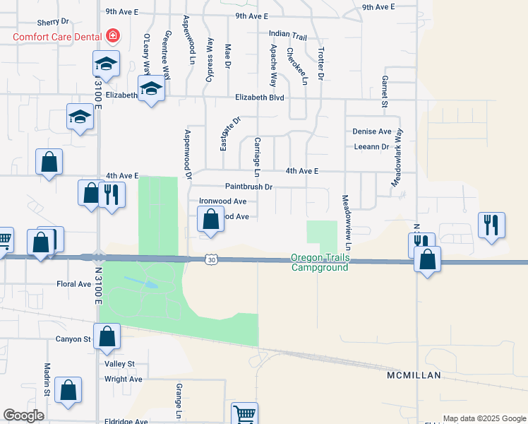 map of restaurants, bars, coffee shops, grocery stores, and more near 238 Carriage Ln in Twin Falls