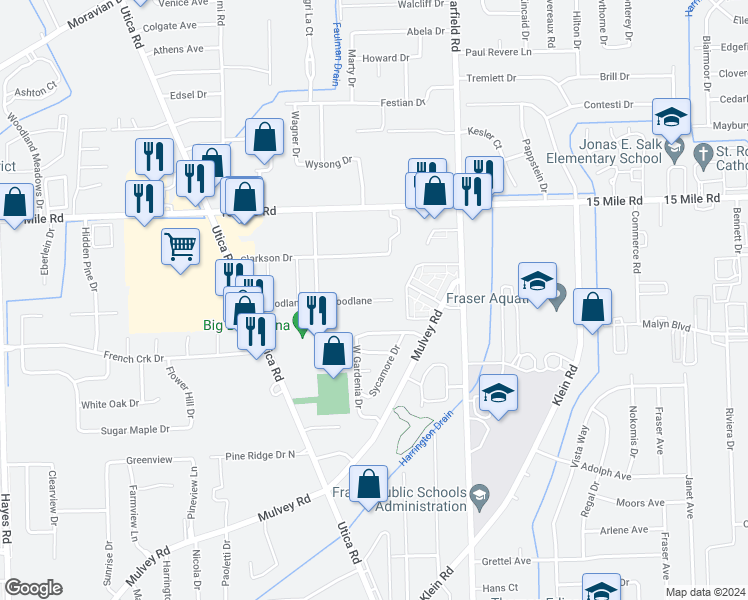 map of restaurants, bars, coffee shops, grocery stores, and more near 16529 Woodlane in Fraser