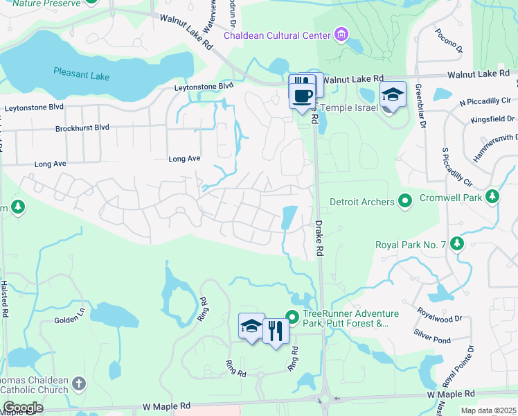 map of restaurants, bars, coffee shops, grocery stores, and more near Innsfield Court in Oakland County