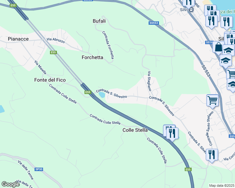 map of restaurants, bars, coffee shops, grocery stores, and more near 142 Contrada San Silvestro in Silvi