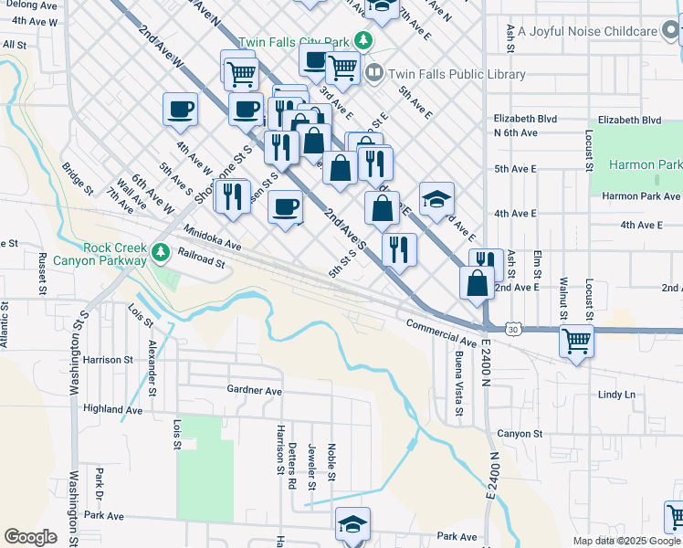 map of restaurants, bars, coffee shops, grocery stores, and more near 513 Minidoka Avenue in Twin Falls