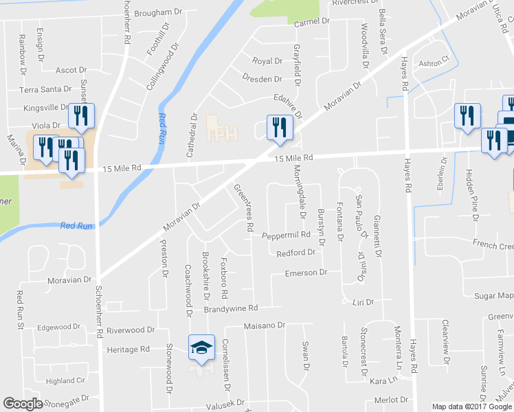 map of restaurants, bars, coffee shops, grocery stores, and more near 34574 Greentrees Road in Sterling Heights
