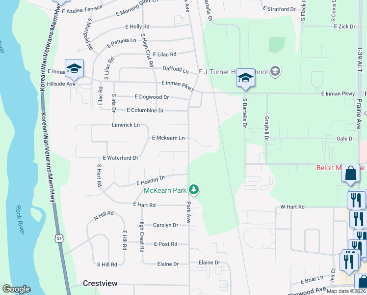 map of restaurants, bars, coffee shops, grocery stores, and more near 885 Bridget Drive in Beloit