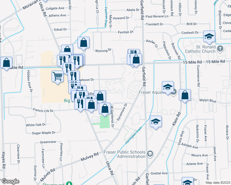 map of restaurants, bars, coffee shops, grocery stores, and more near 16505 Woodlane in Fraser