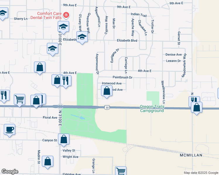 map of restaurants, bars, coffee shops, grocery stores, and more near 2489 Alderwood Avenue in Twin Falls