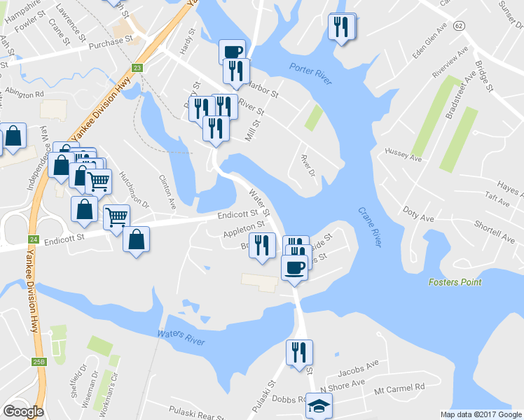 map of restaurants, bars, coffee shops, grocery stores, and more near 1 Endicott Street in Danvers