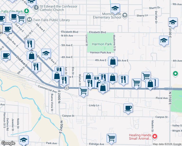 map of restaurants, bars, coffee shops, grocery stores, and more near 226 Locust Street in Twin Falls
