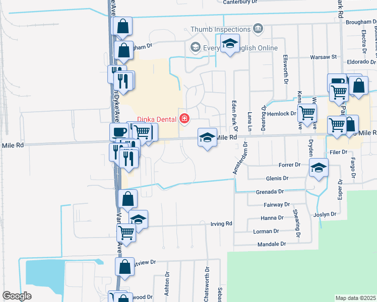 map of restaurants, bars, coffee shops, grocery stores, and more near 34844 Birchgrove Drive in Sterling Heights